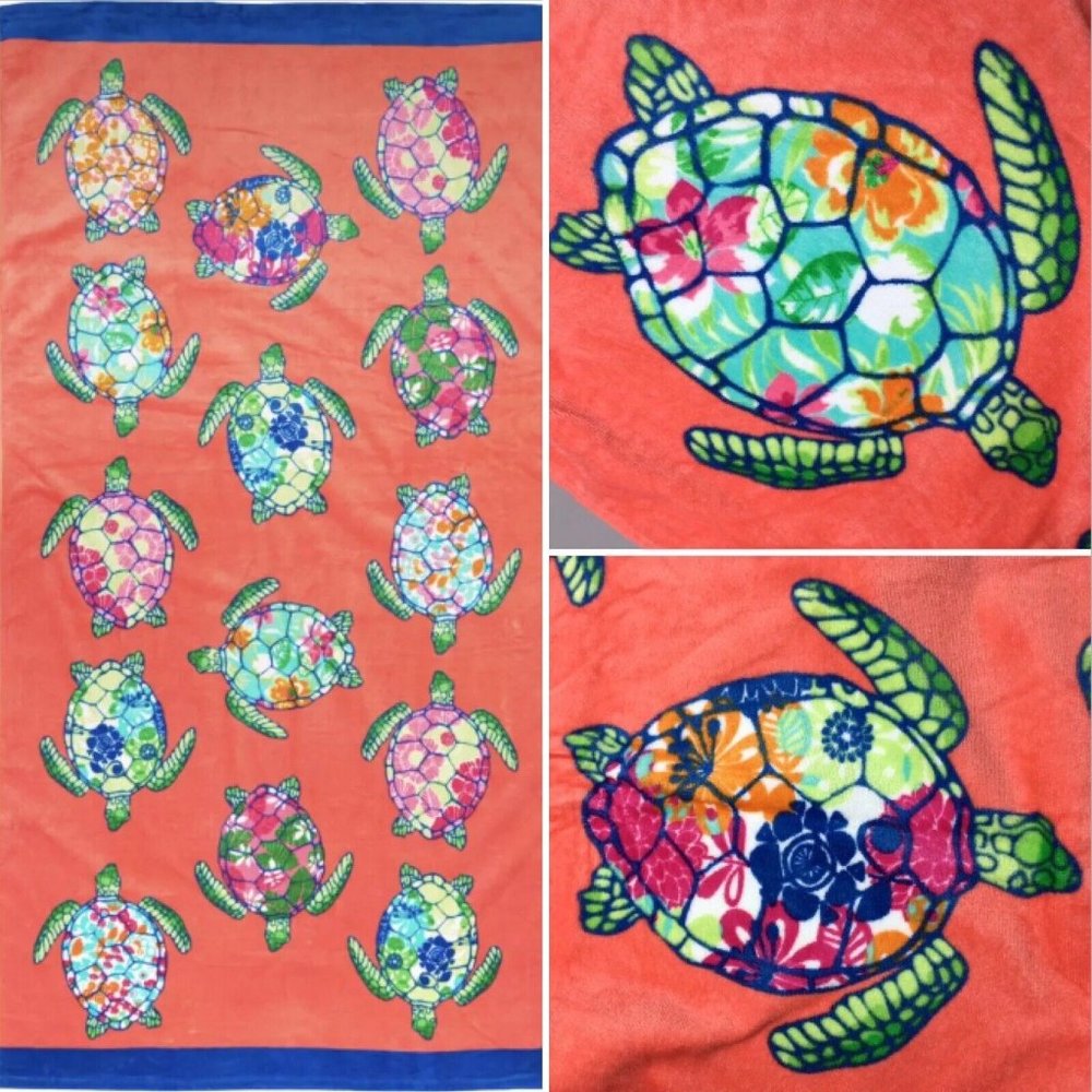 2 pc Cynthia Rowley Sea Turtle Beach Towel Set Hawaiian Tropical Floral Pool Spa - Picture 2 of 15